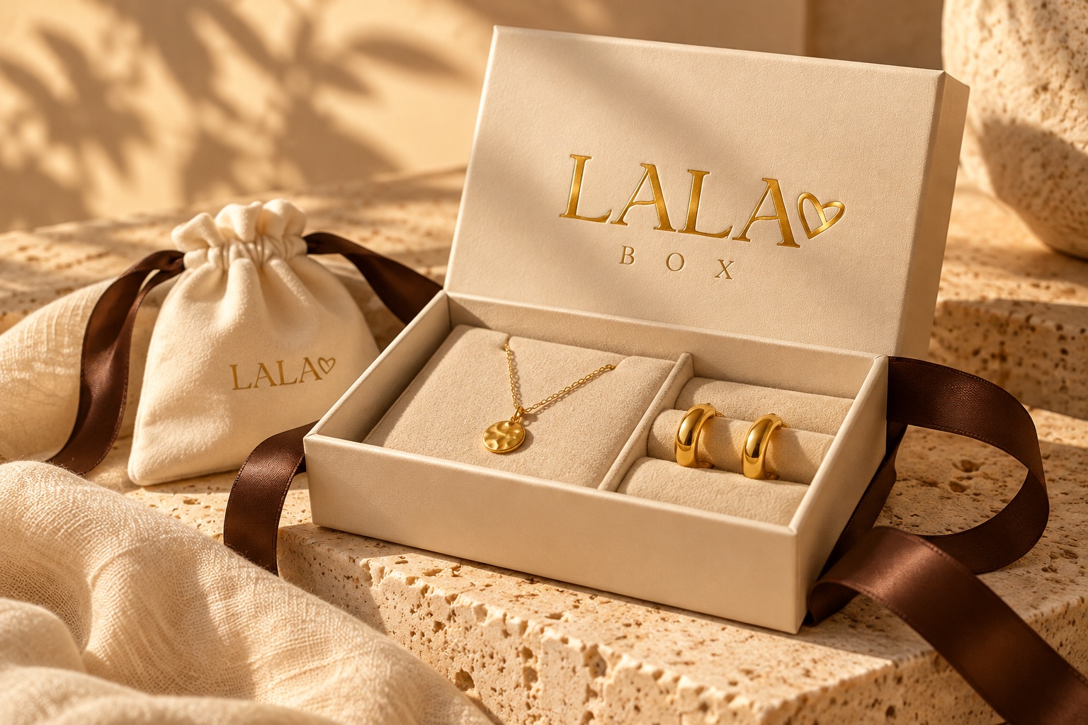 Conceito da caixa LALA BOX em tons de creme e dourado, com colar e argolas